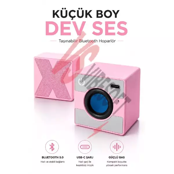 Mini Taşınabilir Hoparlör - Type C (USB-C) Şarj - Güçlü Bass - Küp Tasarım Ürün Görseli