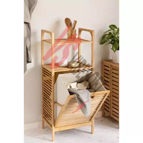 2 Organizer Raflı Ahşap Bambu Çek-Aç Kirli Sepeti Ürün Görseli