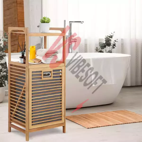 2 Organizer Raflı Ahşap Bambu Çek-Aç Kirli Sepeti Ürün Görseli