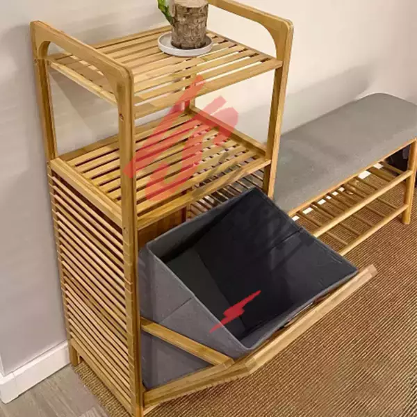 2 Organizer Raflı Ahşap Bambu Çek-Aç Kirli Sepeti Ürün Görseli