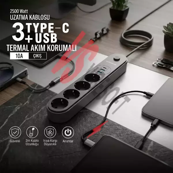Termal Akım Korumalı 4 Prizli USB Girişli Uzatma Kablosu Ürün Görseli